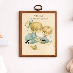 Vintage Rust Craft Wood Framed Wall Art "A Friend Is Someone Special" 1970s Illu